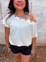 Load image into Gallery viewer, Off shoulder metal trim top
