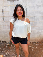 Load image into Gallery viewer, Off shoulder metal trim top
