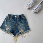 Load image into Gallery viewer, dark wash distressed shorts
