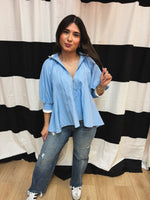 Load image into Gallery viewer, Mock neck band puff sleeve blue
